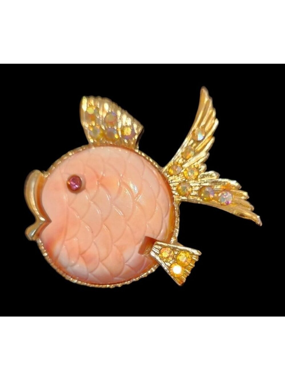Quirky Gold Tone Fish Pin Rhinestones Orange Acrylic Whimsical